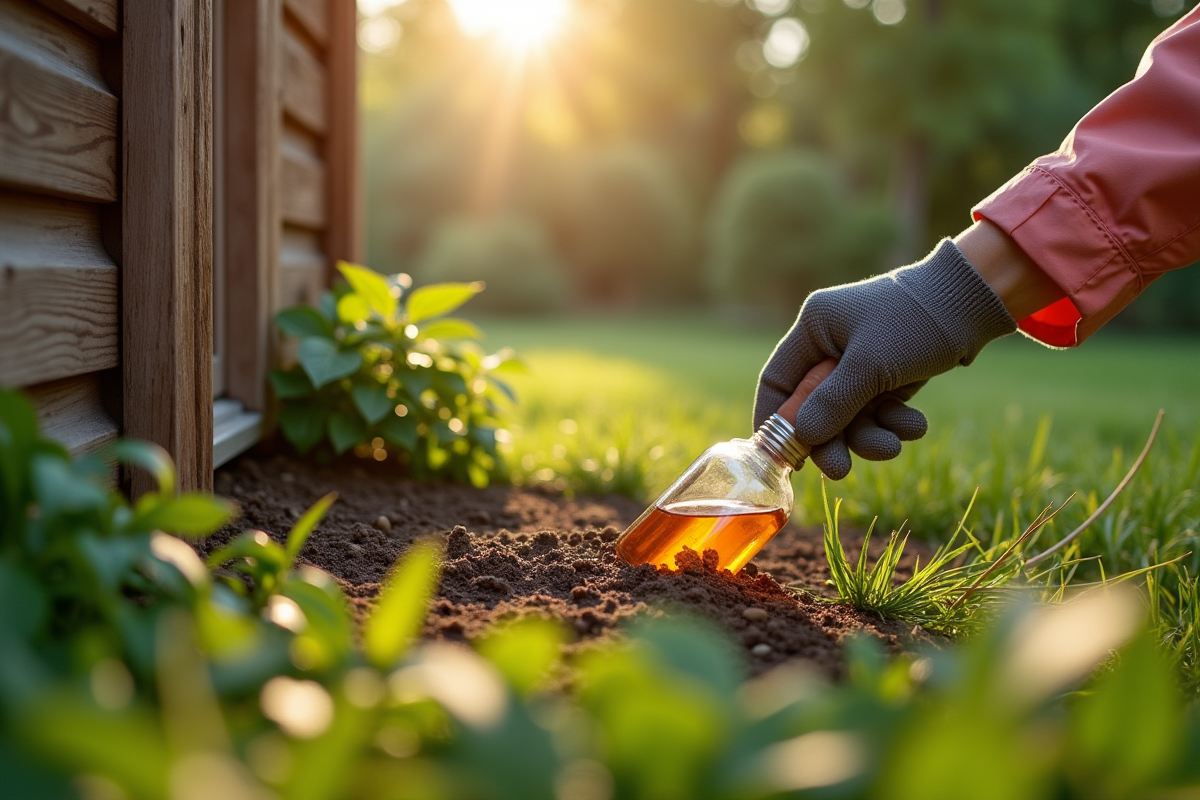 Mains gantées posant des repellents naturels autour d