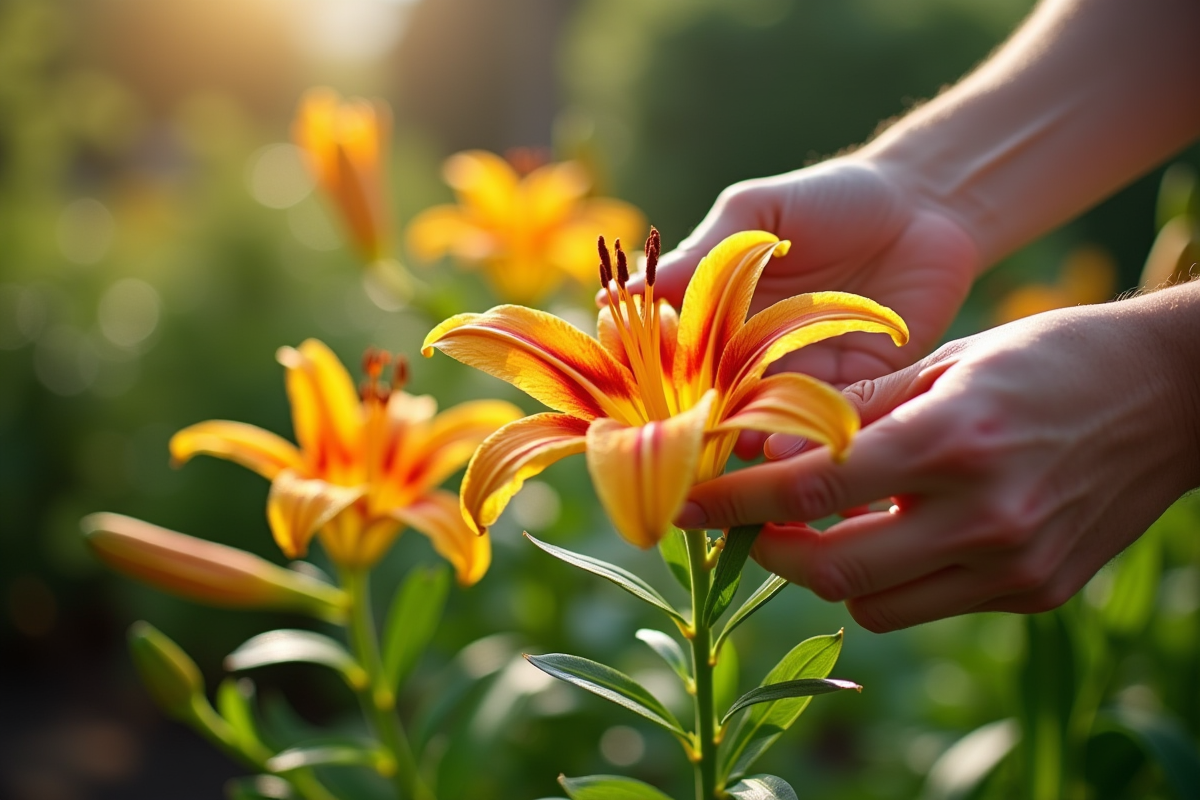 Personne retirant des fleurs fanées d'un lys en jardin