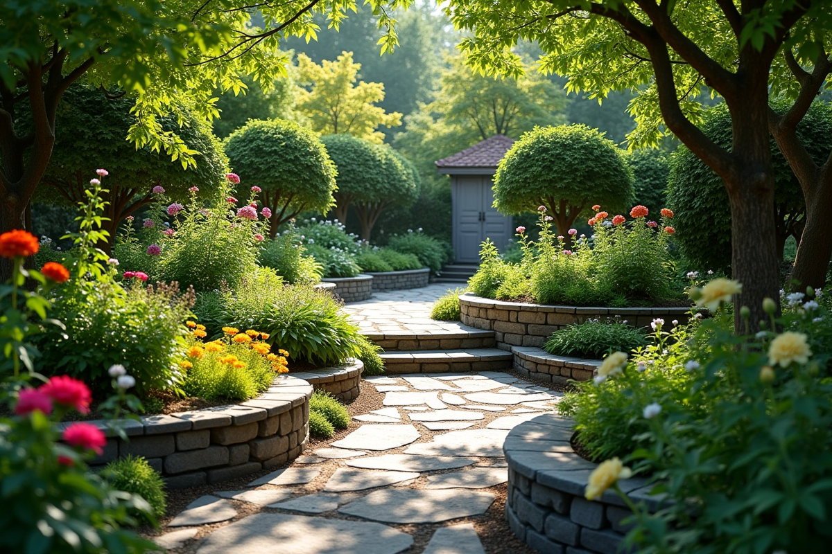 Jardin avec chemin de pierres et fleurs colorées