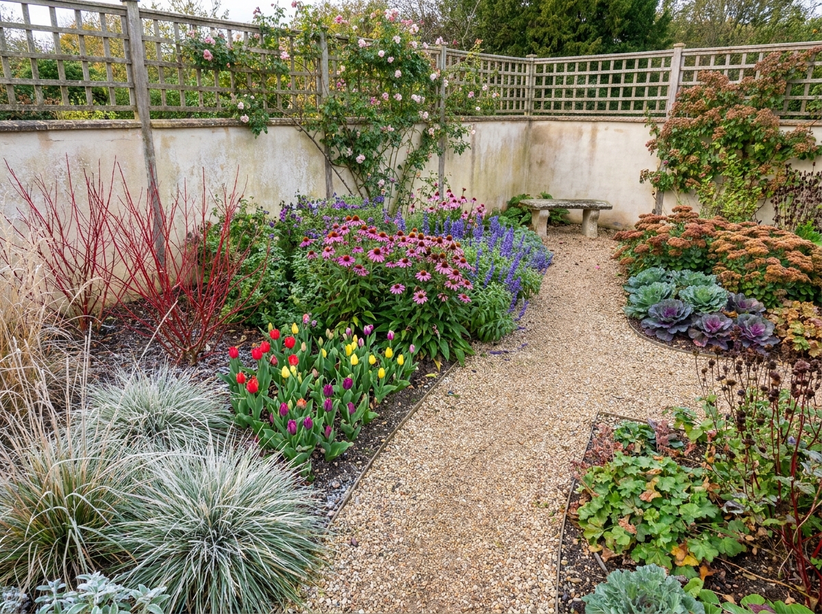 Jardin quatre saisons aménagé par un paysagiste avec zones de plantation distinctes et sentier en gravier
