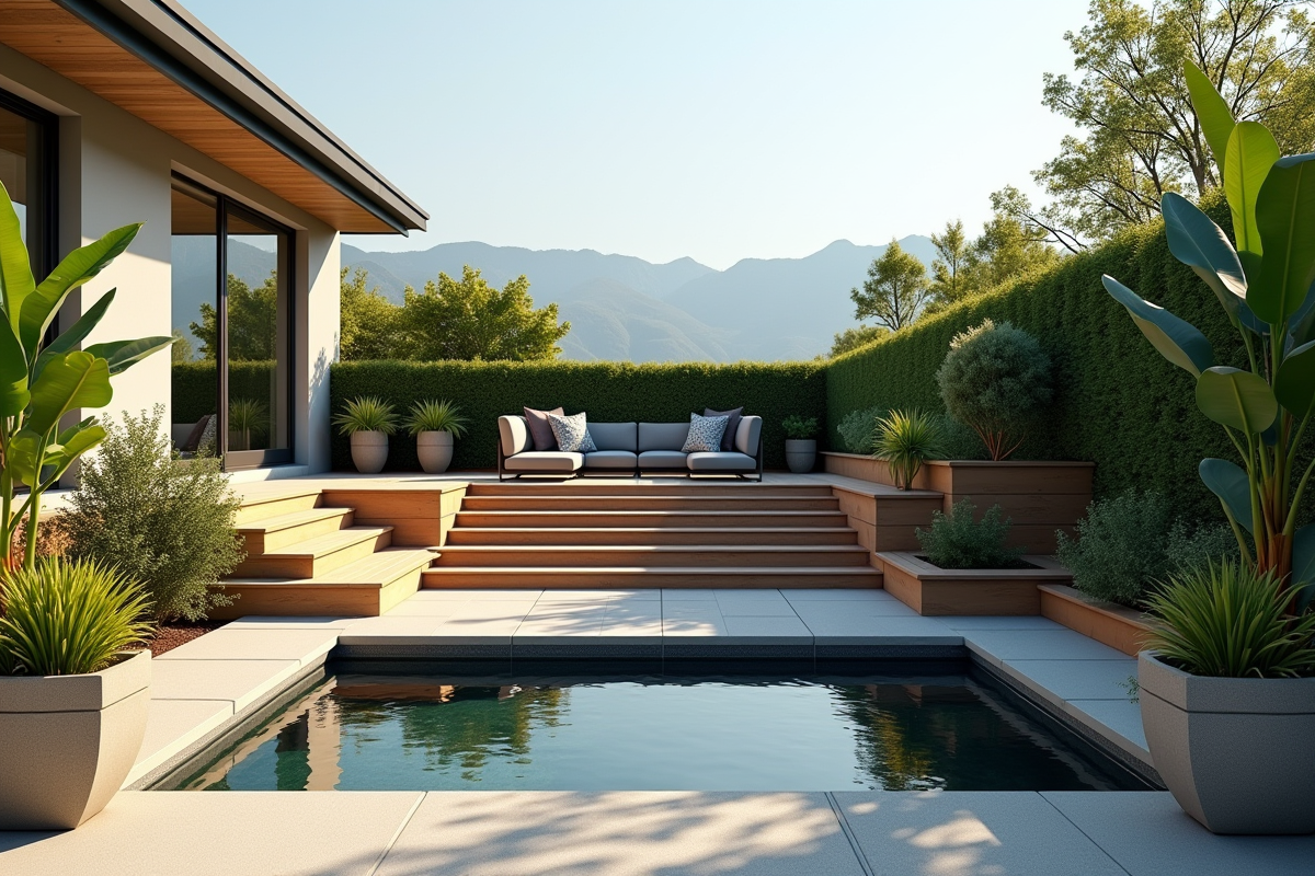Jardin moderne avec terrasses en bois et bassin