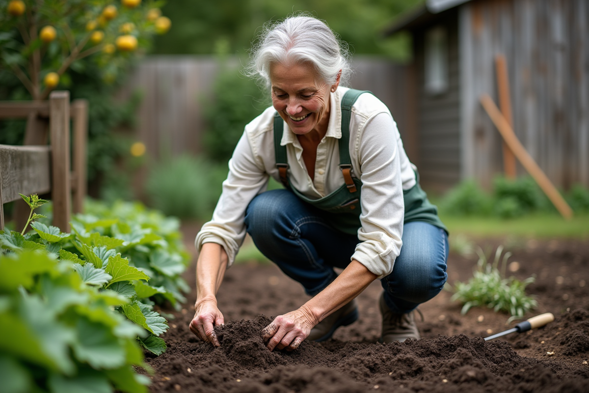 Femme en jardinage mélangeant compost dans le sol