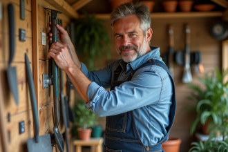 Homme en salopette organise outils de jardin dans un atelier