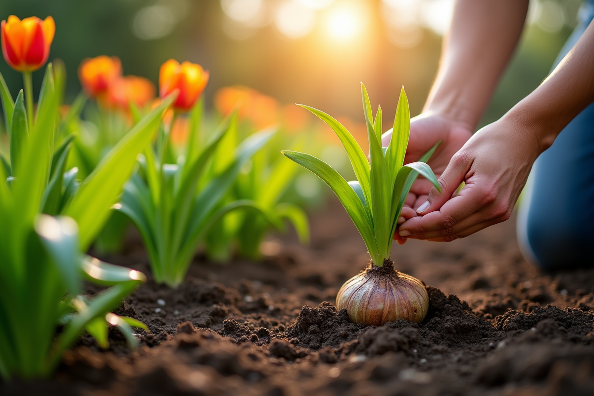 Mains de jardinier soulevant des bulbes de lys dans un jardin ensoleille