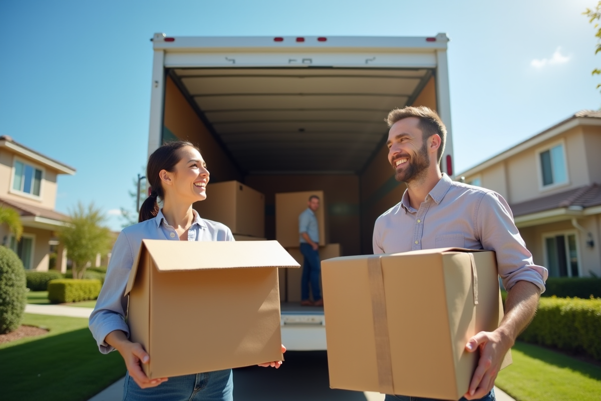 Couple souriant chargeant des meubles dans un camion de déménagement ensoleillé