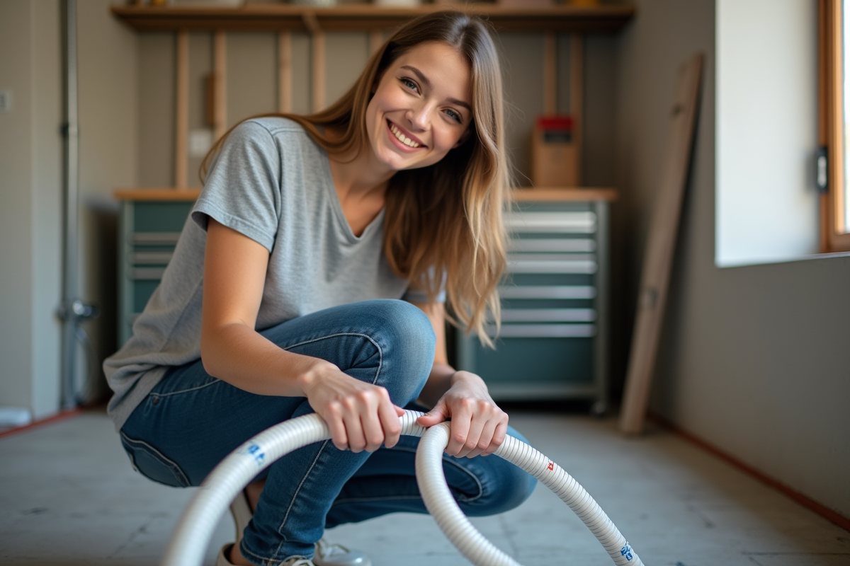 Jeune femme compare deux tuyaux PEX et PER dans une maison