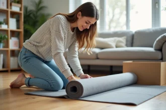 Jeune femme déballant un tapis de sol gris dans son salon lumineux