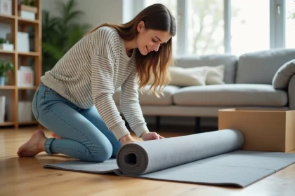 Jeune femme d&eacute;ballant un tapis de sol gris dans son salon lumineux