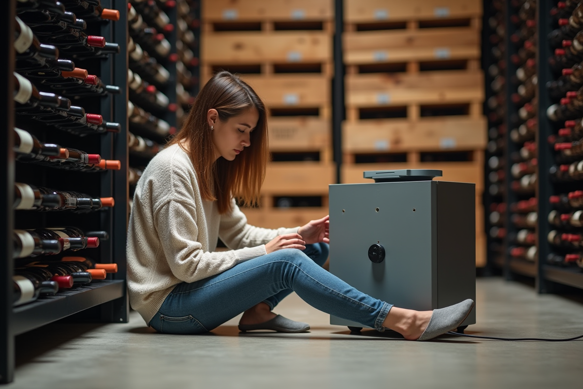 Jeune femme installant un déshumidificateur dans une cave à vin moderne