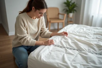 Jeune femme mesure un matelas avec un ruban