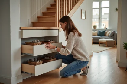 Jeune femme organise chaussures dans un meuble sous l'escalier