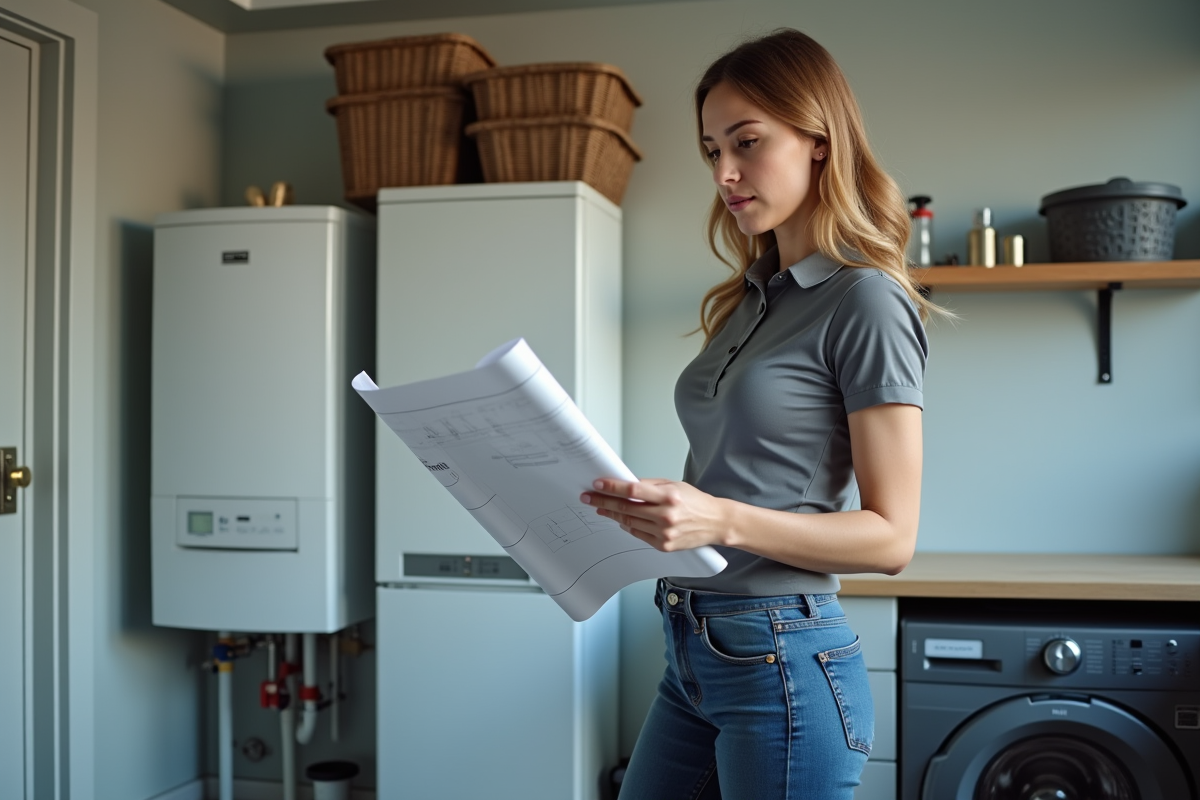 Jeune femme plombier regardant un plan dans une buanderie moderne