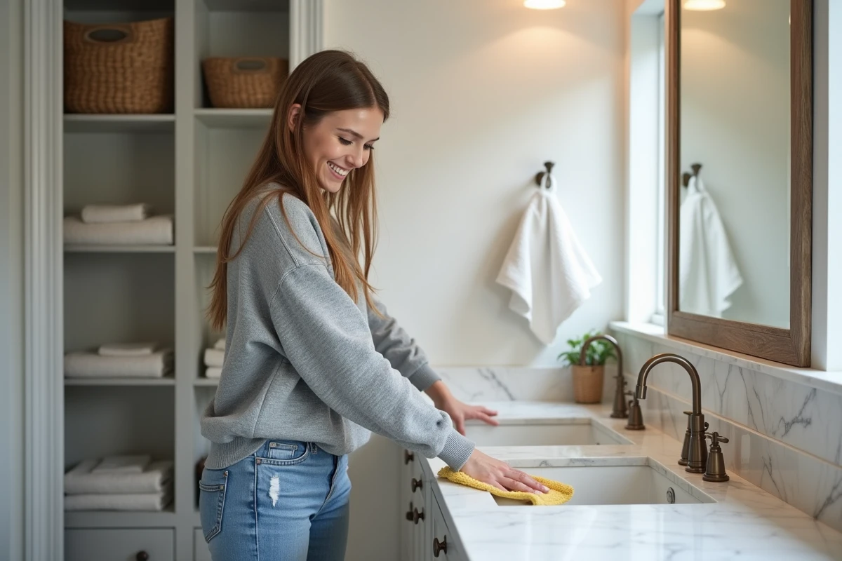 Jeune femme souriante nettoyant un double lavabo dans la salle de bain