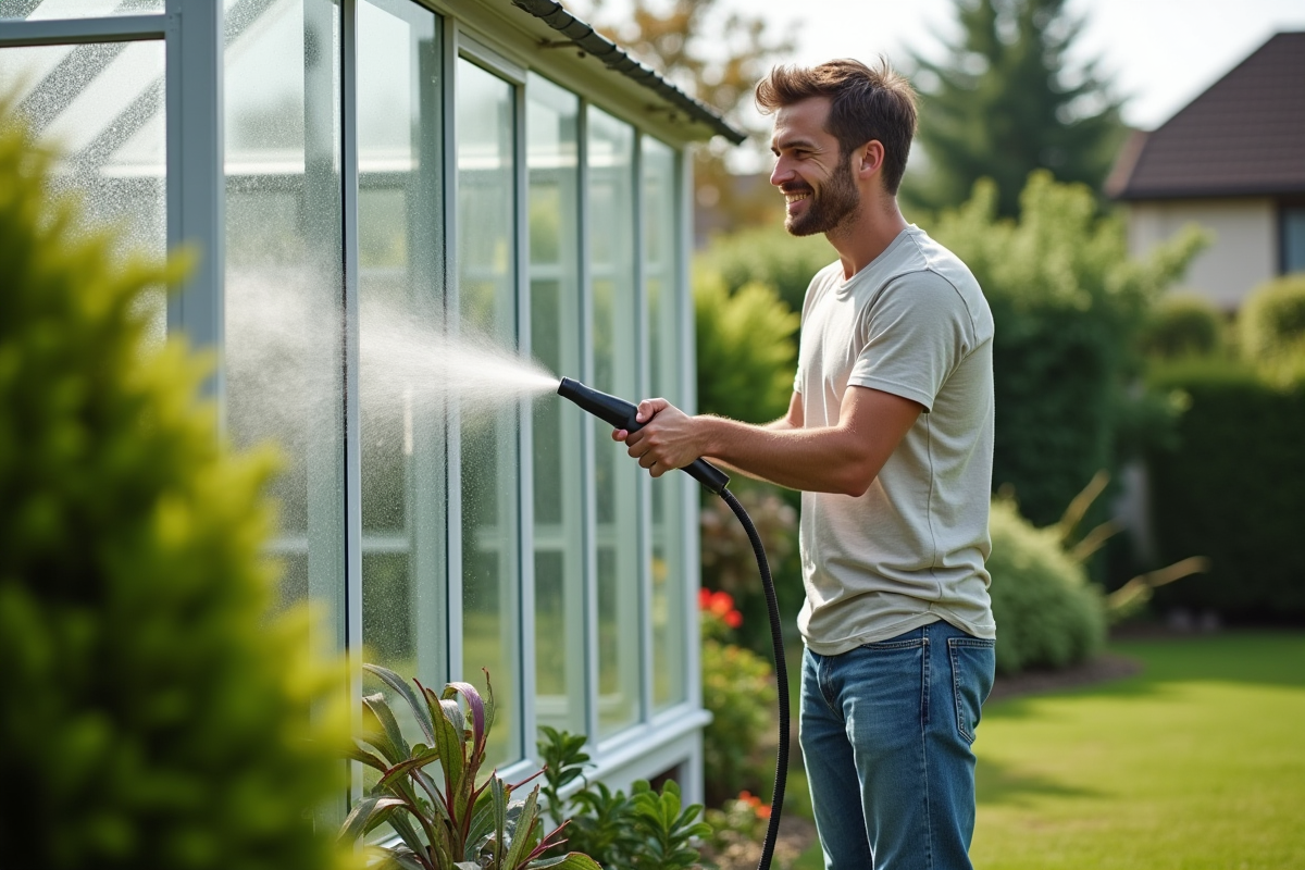 Jeune homme arrosant un toit de serre en polycarbonate dans le jardin