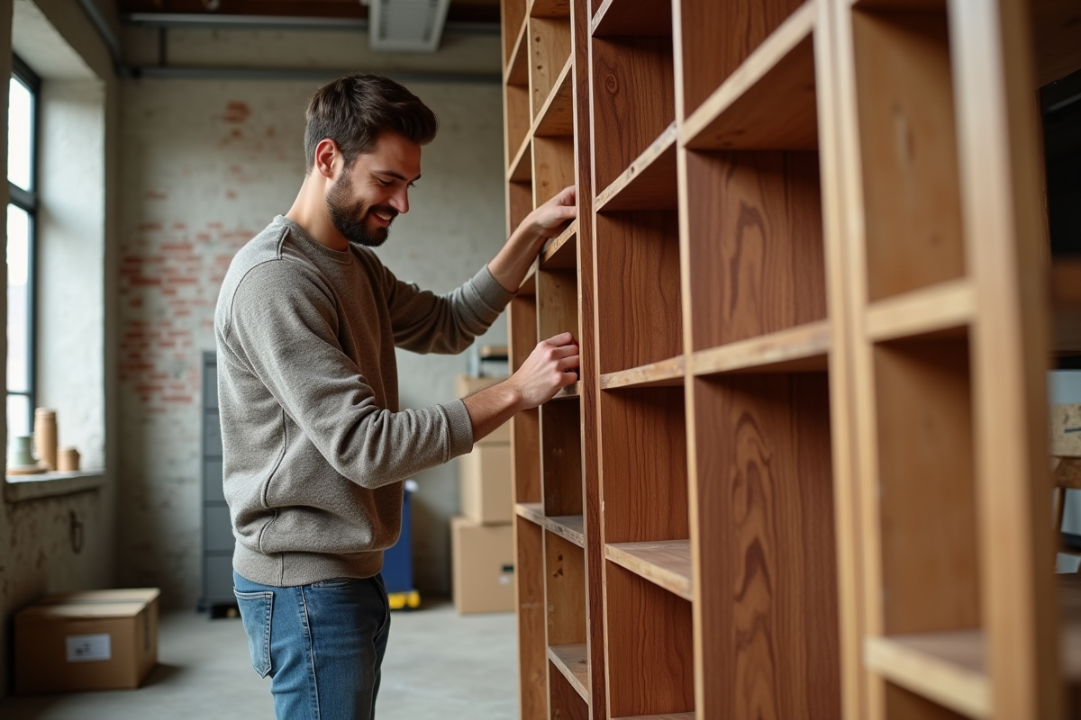Jeune homme construisant une étagère en bois dans un loft urbain