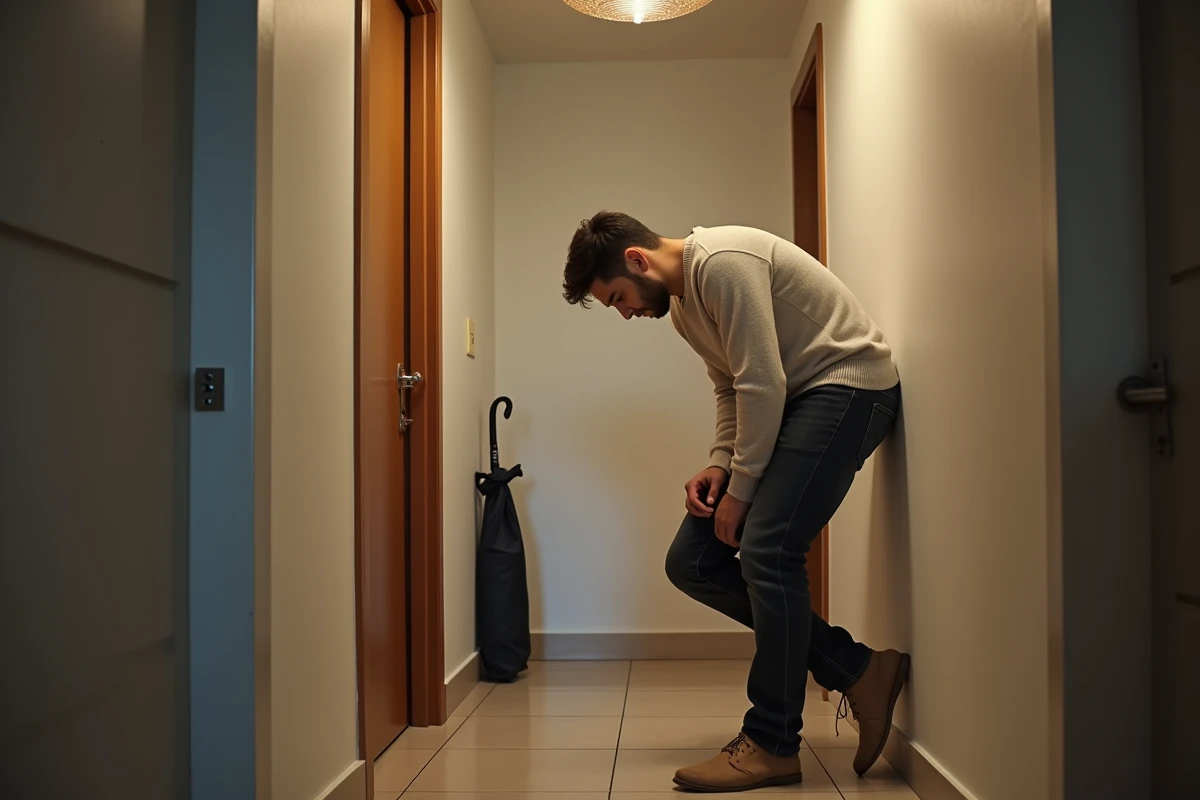 Jeune homme retirant ses chaussures dans une entrée d