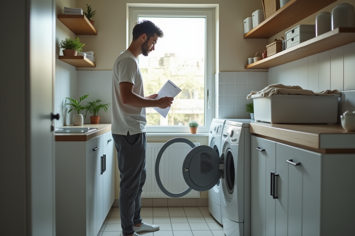 Jeune homme vérifiant sa facture d énergie près d’un sèche-linge