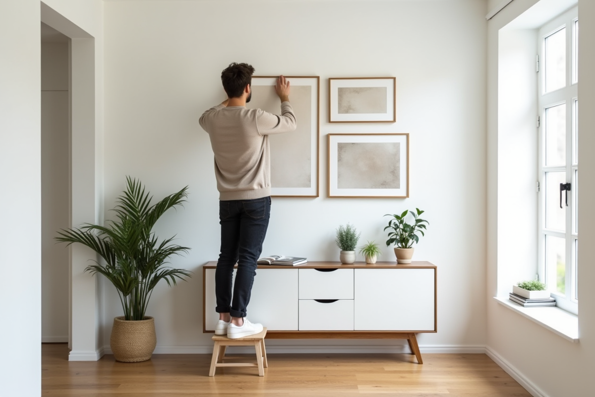 Jeune homme posant pour accrocher des cadres dans un couloir