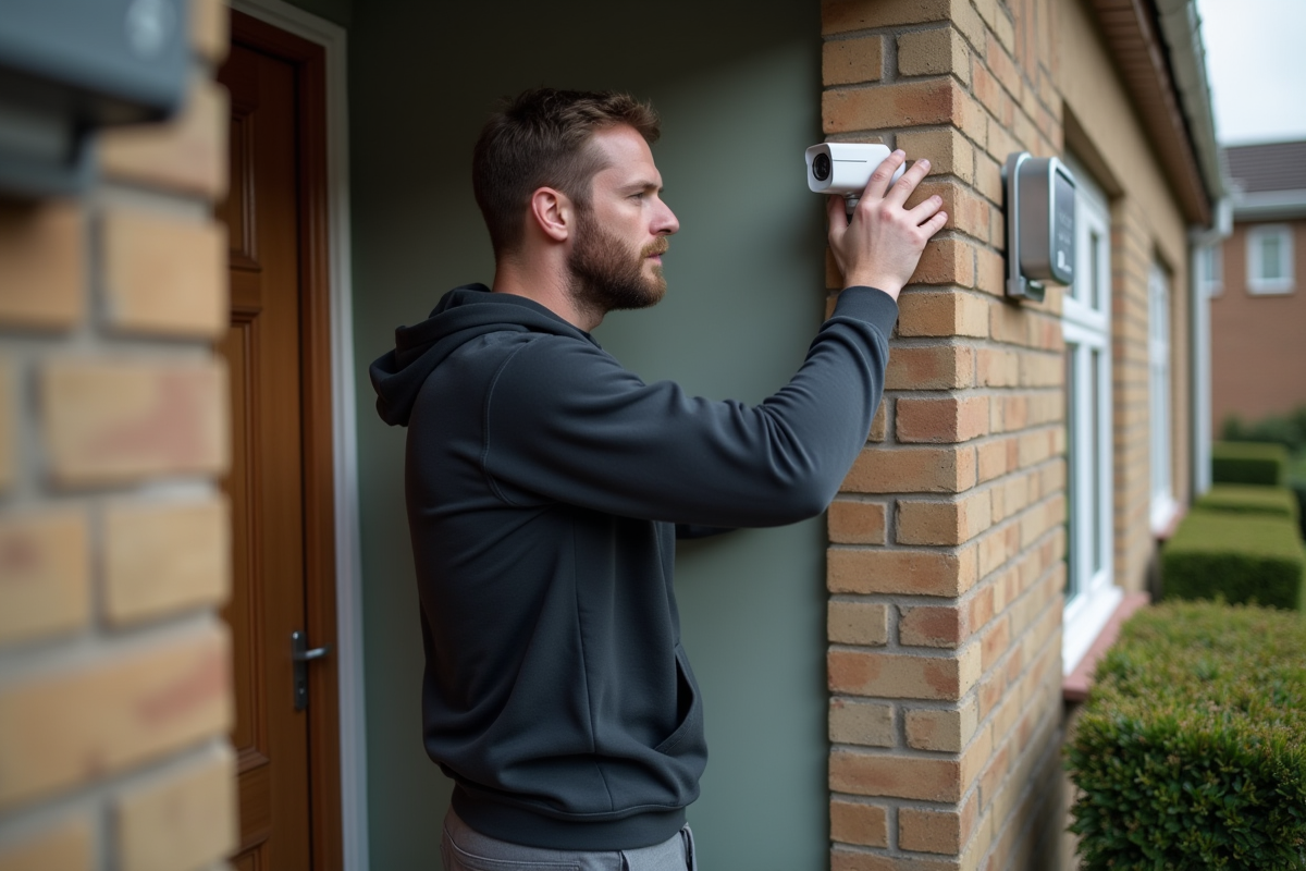 Jeune homme installe une caméra de sécurité devant la maison