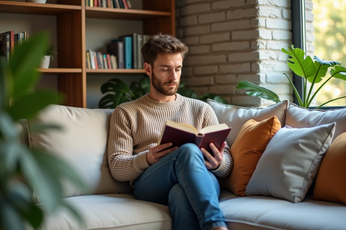 Jeune homme lisant sur un canapé dans un appartement urbain