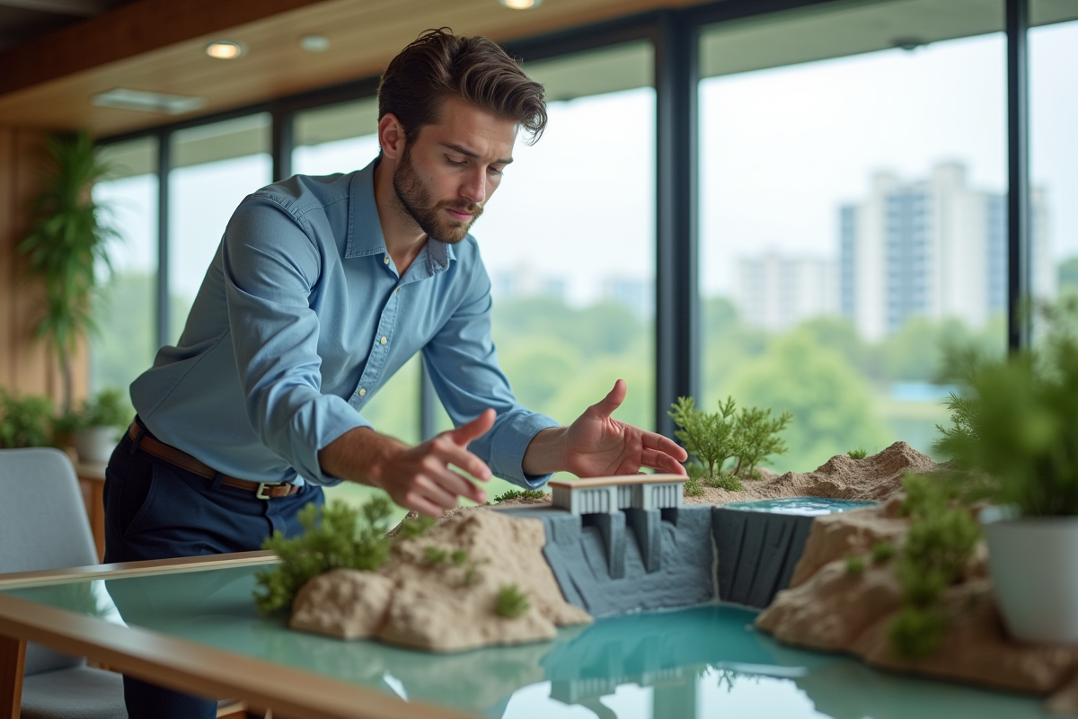 Jeune homme examinant un modèle de barrage hydroelectrique en bureau