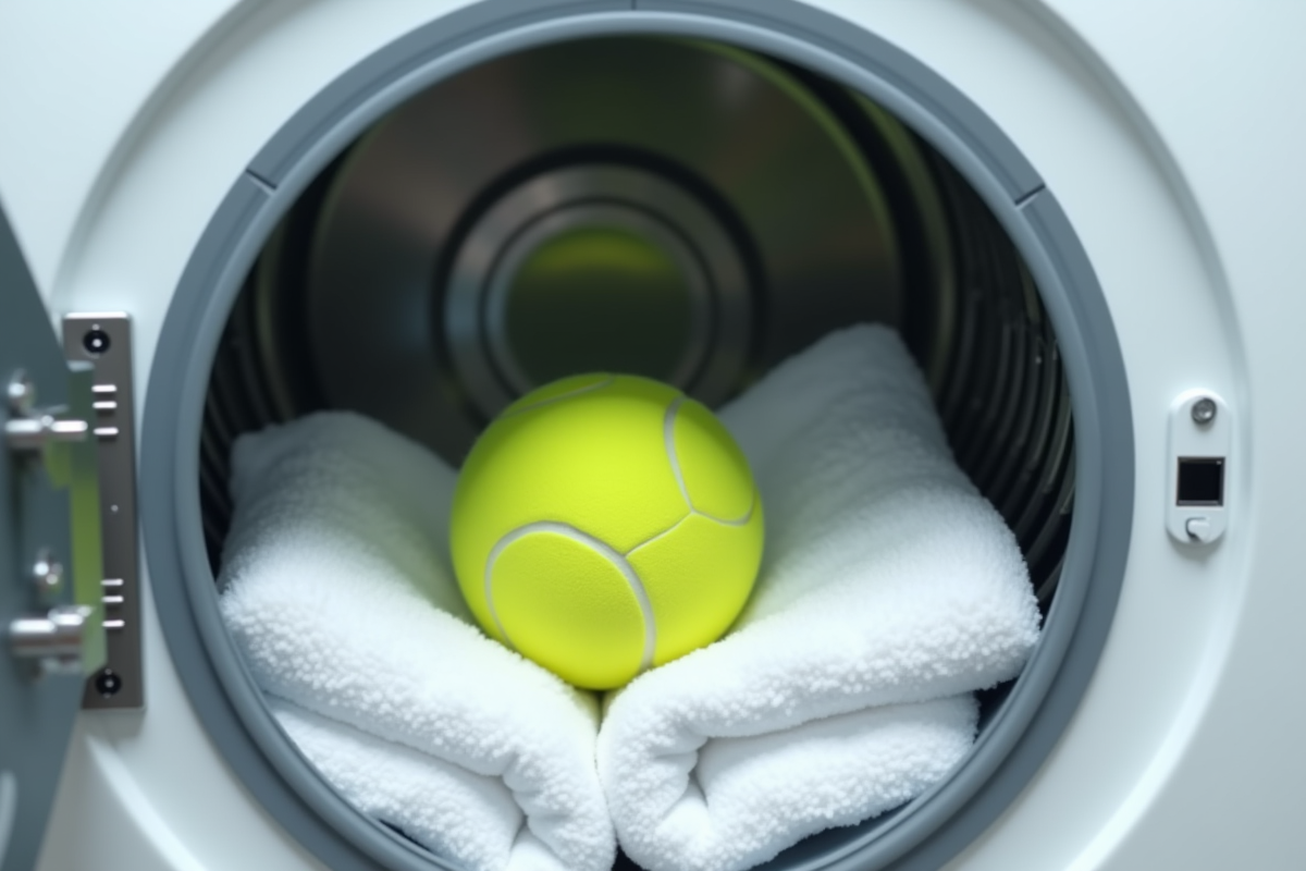 Salle de lavage moderne avec balle tennis verte dans la machine