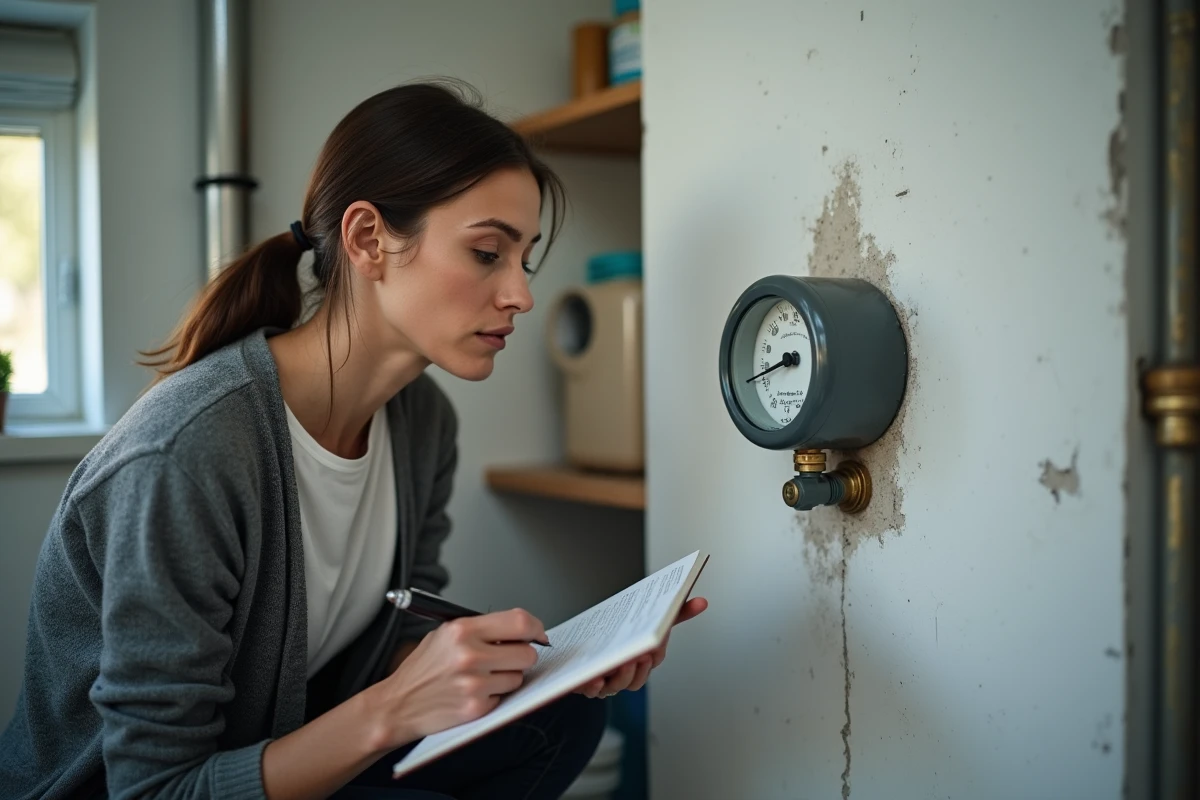 Femme lisant un compteur d'eau domestique dans une chaufferie, pour évaluer la consommation d'eau d'un foyer de 3 personnes