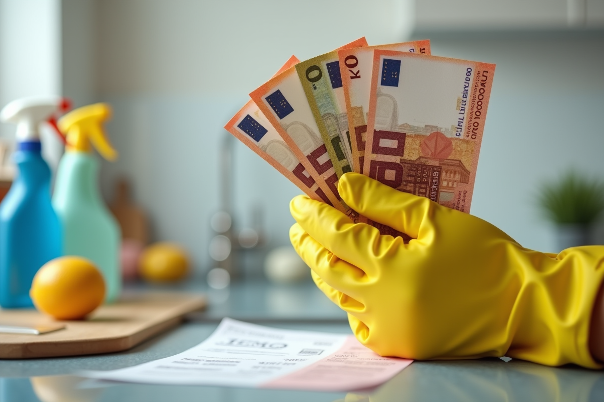 Main gantée tenant billets et reçu avec produits de nettoyage