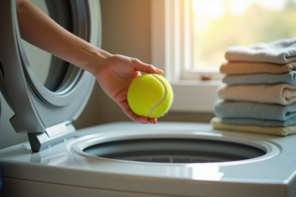 Main tenant une balle tennis au-dessus de la machine à laver