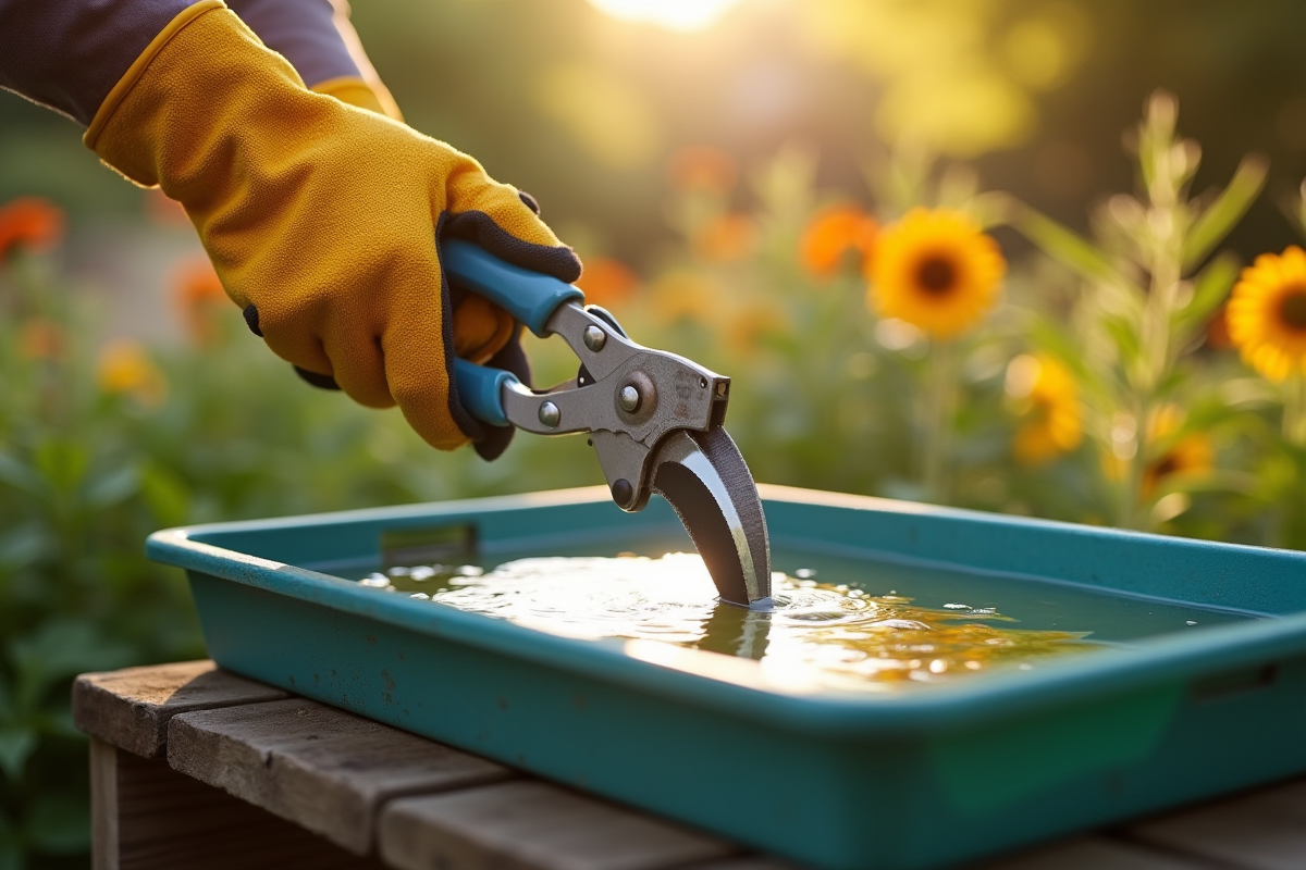 Mains en gants trempant des sécateurs dans un bac de désinfectant en plein air