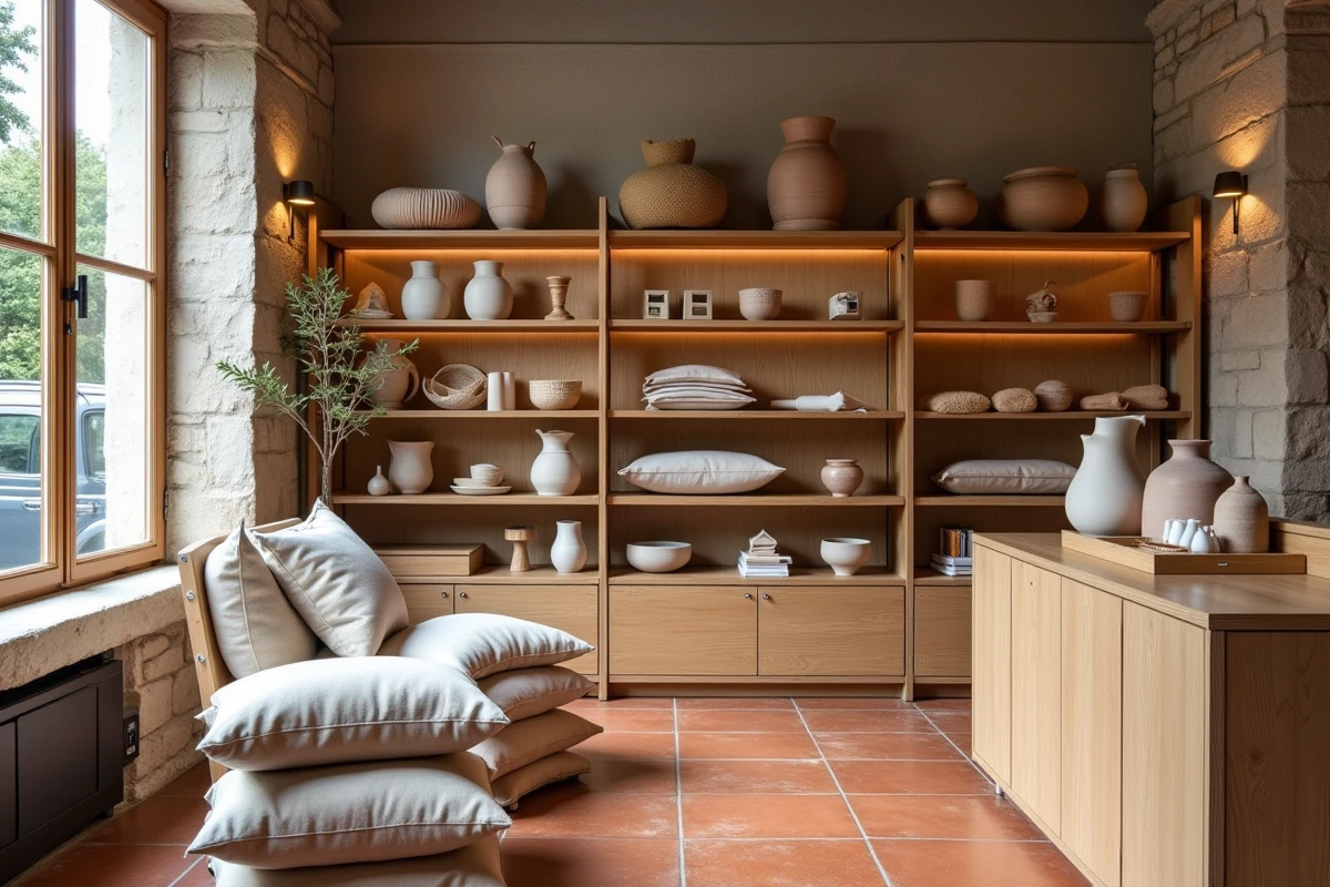 Intérieur de la boutique Maison Aimable à Paris avec des objets déco artisanaux et durables sur des étagères en chêne brut