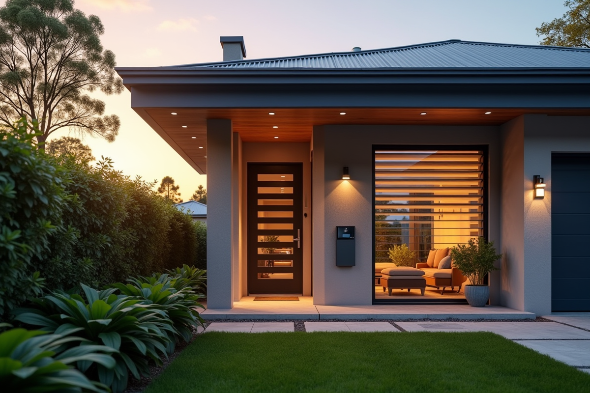 Façade de maison contemporaine avec volets connectés au lever du soleil
