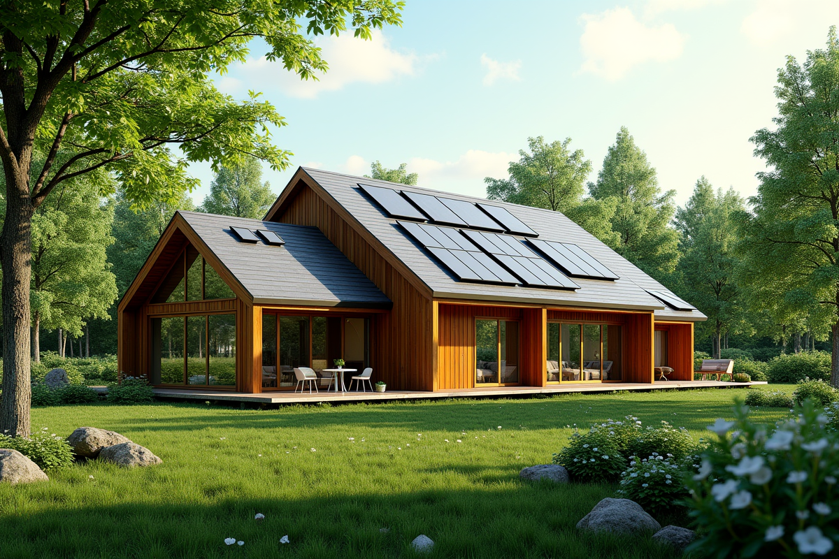 Maison écologique en bois avec jardin verdoyant et panneaux solaires