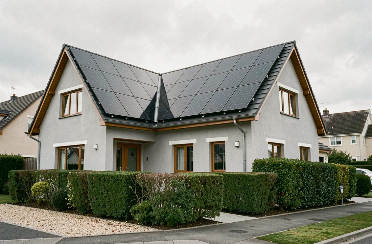 Maison individuelle moderne équipée de panneaux solaires avec micro-onduleurs visibles sur le toit