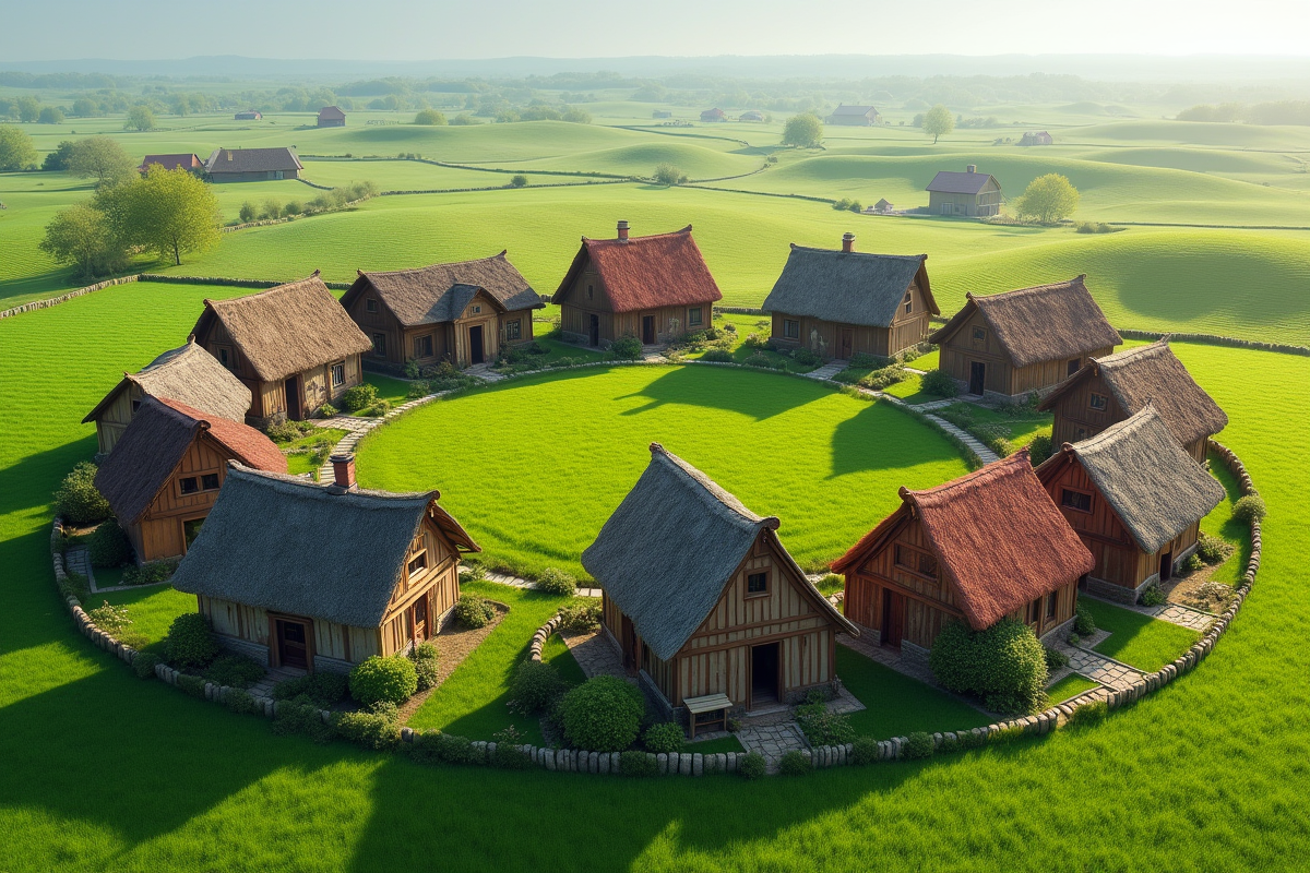 Maisons traditionnelles de différentes cultures en cercle dans un champ
