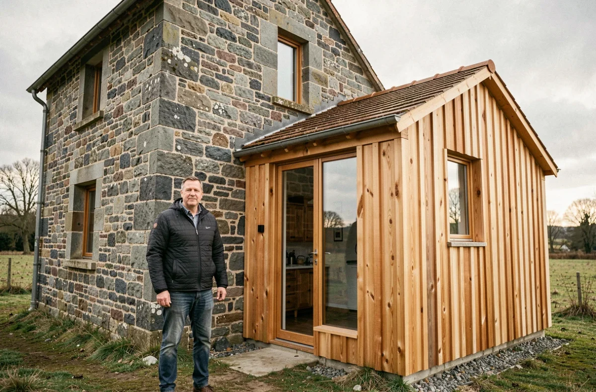 Entrepreneur de Maisons Plus Haute Loire devant une extension neuve en bois accolée à une maison en pierre traditionnelle
