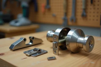 Mécanisme de serrure de porte intérieure en satin nickelé partiellement démonté sur un établi en bois, détail des composants métalliques