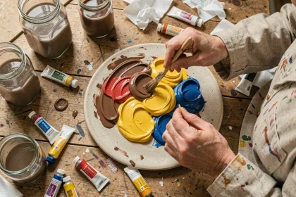 Mains d'artiste mélangeant des couleurs primaires en gouache sur une palette céramique pour obtenir du marron