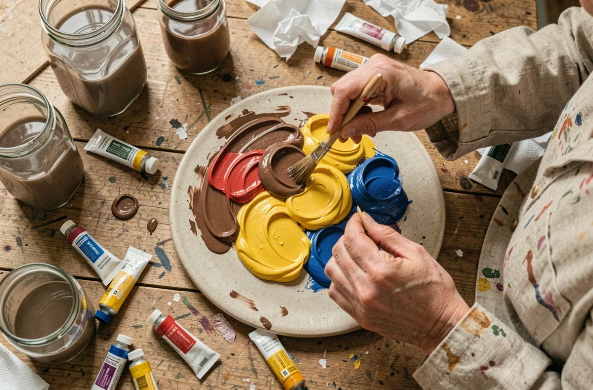 Mains d'artiste mélangeant des couleurs primaires en gouache sur une palette céramique pour obtenir du marron