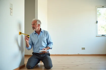 Homme mesurant la surface habitable d'une pièce avec un télémètre laser posé au sol dans un appartement en rénovation