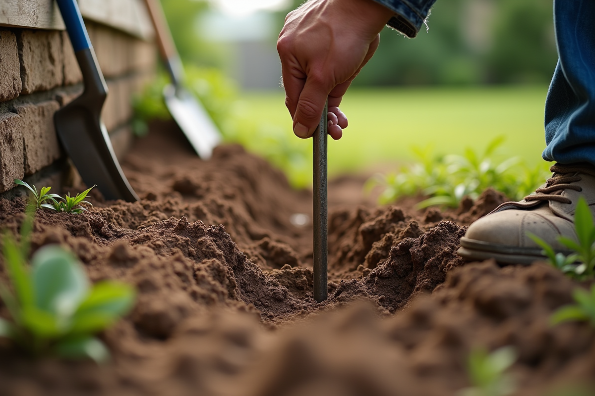 Main en train de planter une tige de terre dans le sol près d