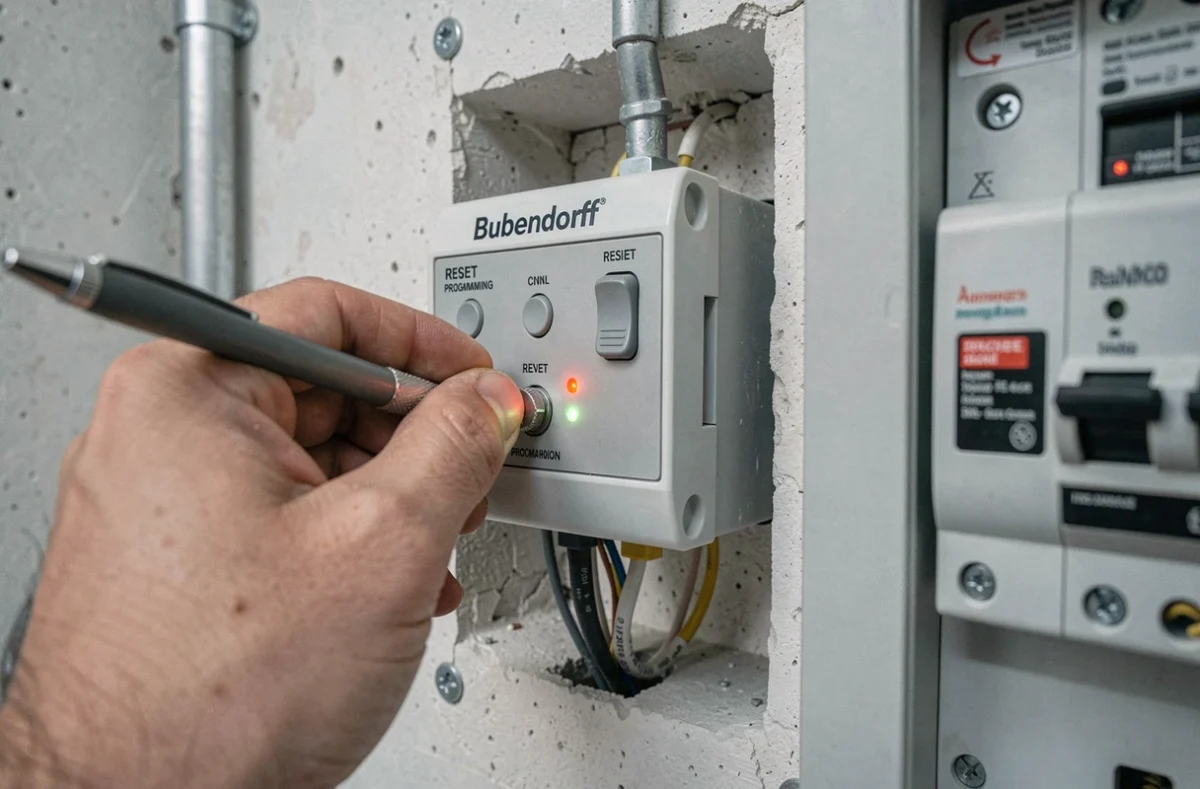 Gros plan sur le module de commande moteur d'un volet Bubendorff avec bouton de réinitialisation après coupure de courant