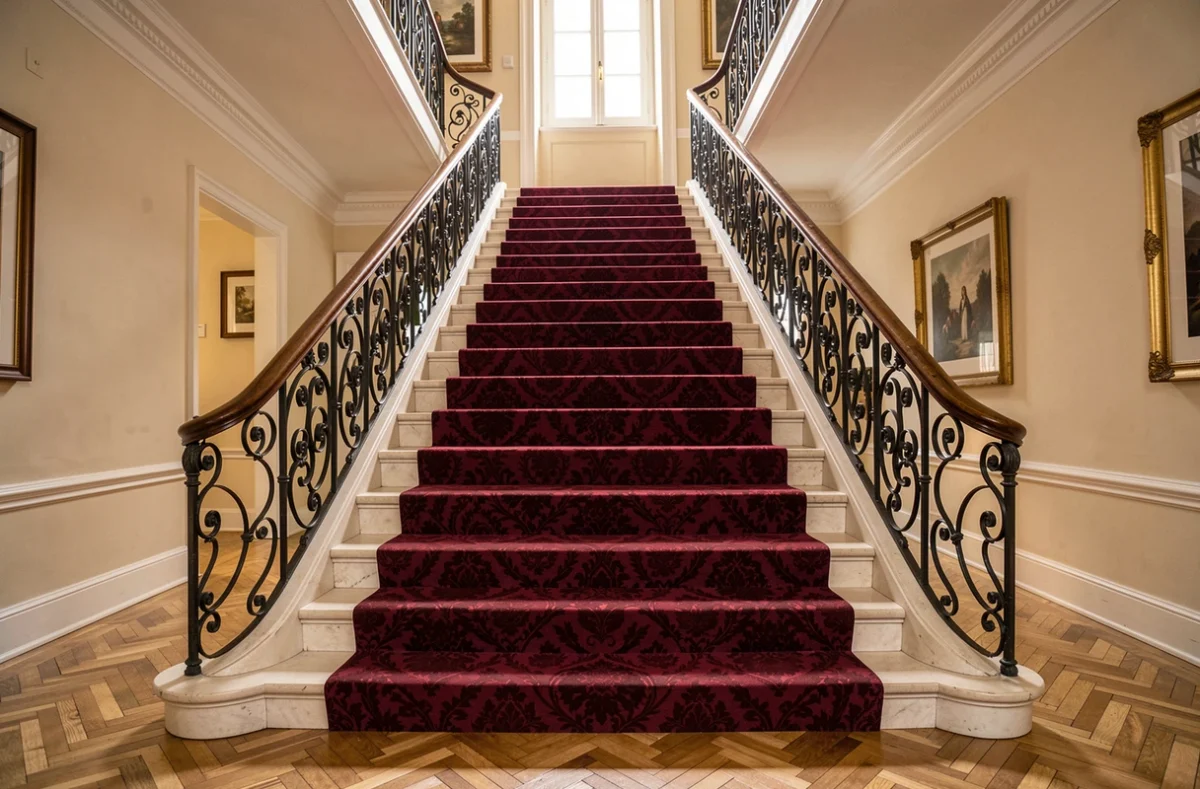 Escalier élégant entièrement recouvert d'une moquette bordeaux à motifs dans un appartement haussmannien avec balustrade en fer forgé