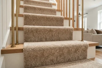 Moquette beige en laine fixée avec des tringles dorées sur les marches d'un escalier en bois dans un intérieur moderne