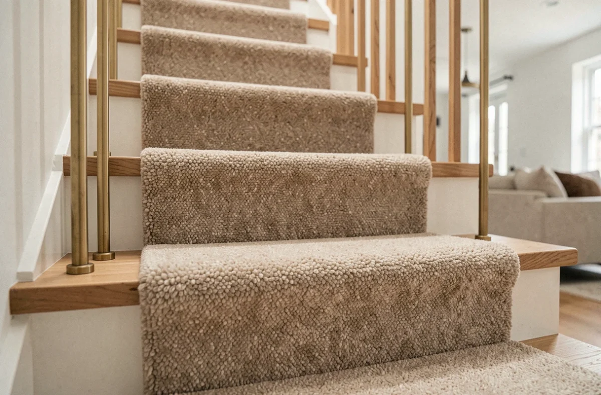 Moquette beige en laine fixée avec des tringles dorées sur les marches d'un escalier en bois dans un intérieur moderne