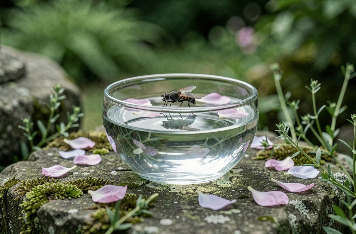 Mouche posée sur un bol d'eau dans un jardin méditatif, symbolisant les cycles naturels et la signification karmique