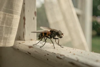 Mouche posée sur un rebord de fenêtre en bois ancien, symbolisant la signification karmique et les cycles de vie