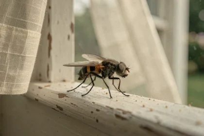 Mouche posée sur un rebord de fenêtre en bois ancien, symbolisant la signification karmique et les cycles de vie