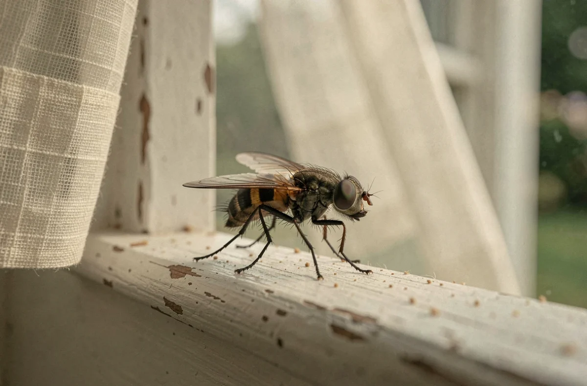 Mouche posée sur un rebord de fenêtre en bois ancien, symbolisant la signification karmique et les cycles de vie