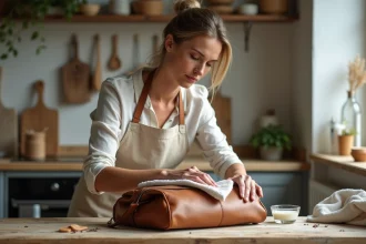 Femme nettoyant un sac en cuir moisi avec un chiffon naturel et du vinaigre blanc sur une table en bois rustique